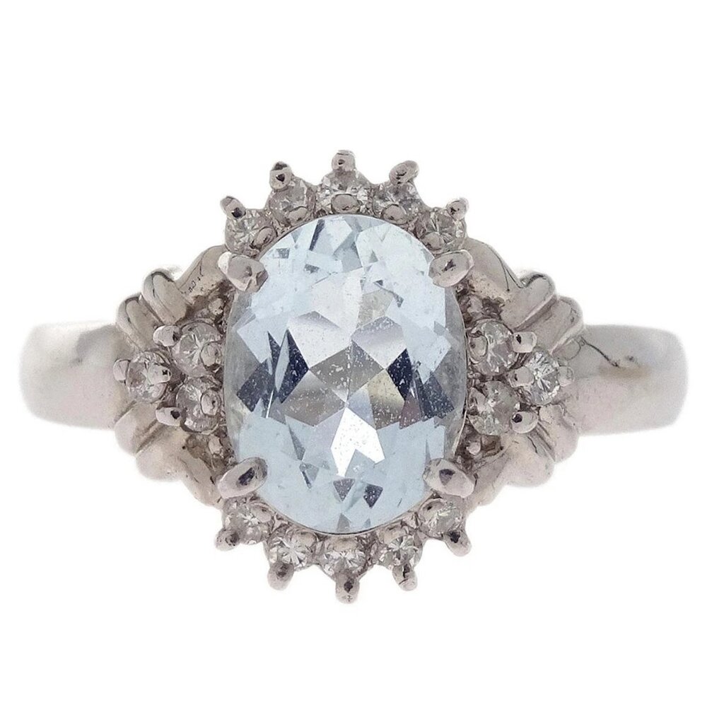 Ring Pt900 Aquamarine Diamond Silver #50 Jewelry ｖ155824